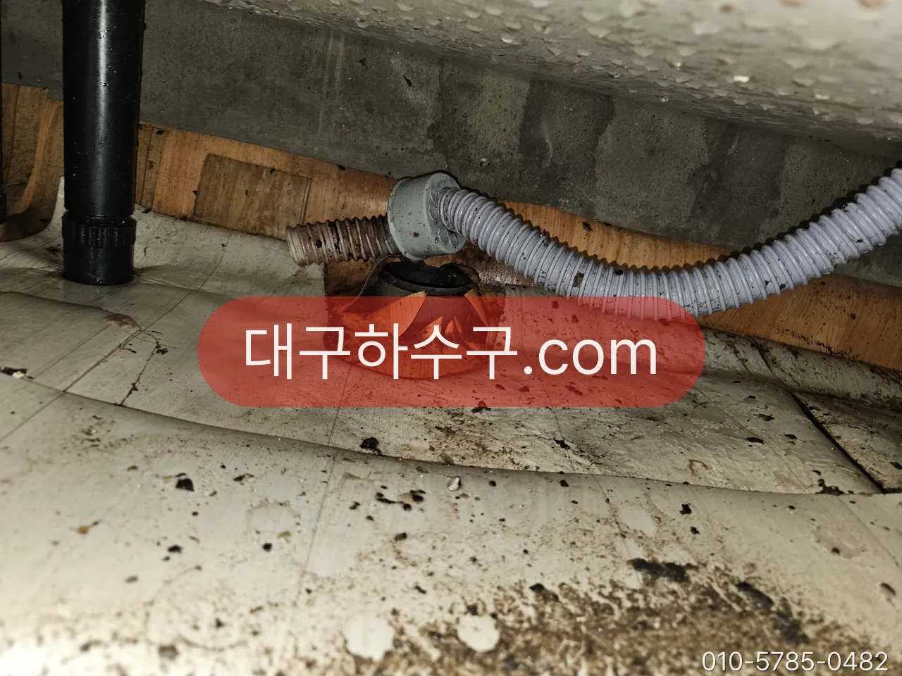 주름 배수 호스가 바닥 배관에 꽂힌 연결부 — 처지거나 틈이 있으면 물이 고인다